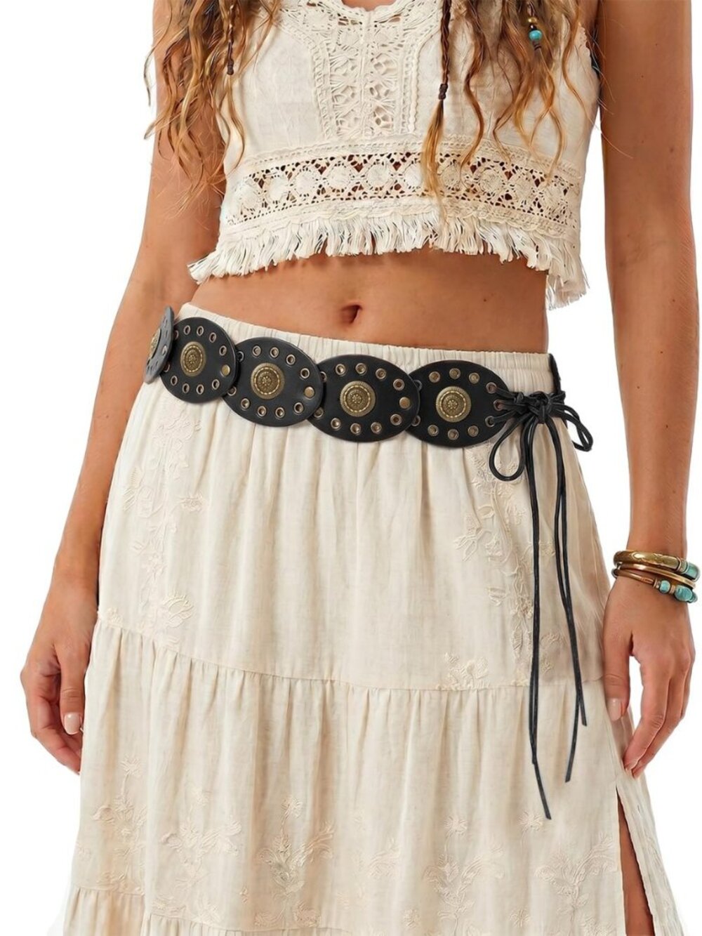 Western Disc Leather Belt for Women, Boho Concho Style for Country Concert